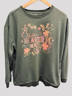 Natural Life "Life is Beautiful" Olive Green Floral Sweatshirt - XL
